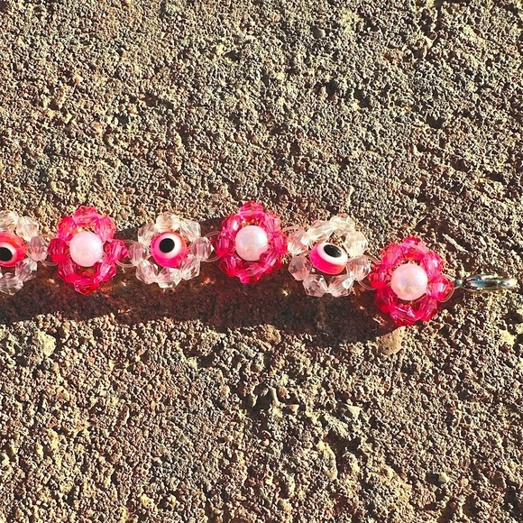 Pink and White Floral Beaded Evil Eye Bracelet with Silver Colored Accents - Picture 5 of 5